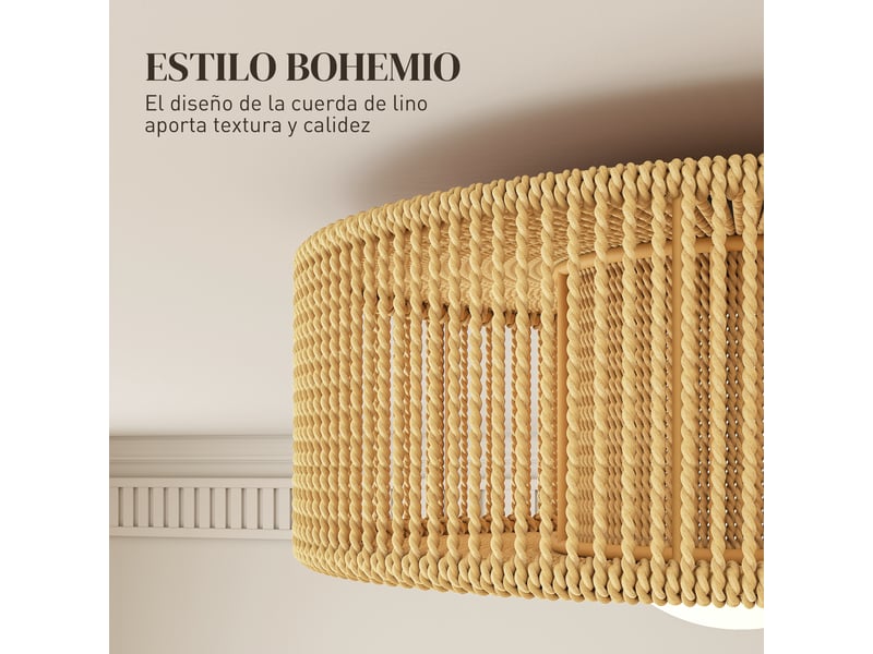  Plafonnier led bohème 20w 3000k avec abat-jour en corde de lin pour chambre, salon, cuisine, salle à manger, marron  - Conforama D