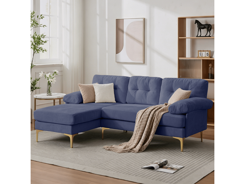 Canapé d’angle 3 places bleu en tissu chenille, méridienne réversible gauche ou droite, coussins rembourrés et pieds en métal - Conforama B