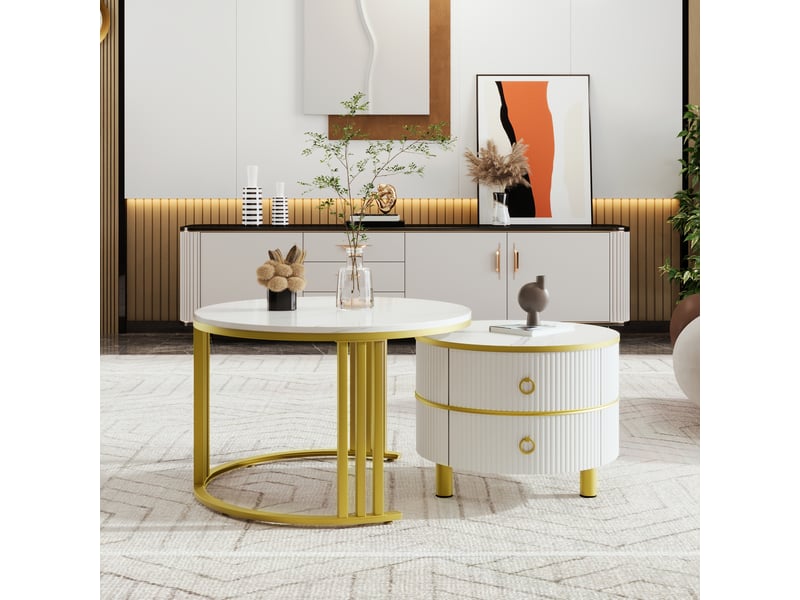  Table basse ronde 2 en 1 en mdf, table d'appoint avec plateau brillant et plateau en marbre blanc, combinaison table basse salon avec 2 tiroirs, 70 x 70 x 46 + 50 x 50 x 40 cm  - Conforama B