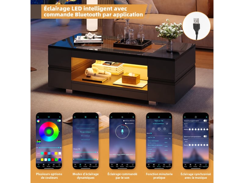  Table basse - 100x50x35 cm - moderne - noir haute brillance - éclairage led - verre trempé  - Conforama E