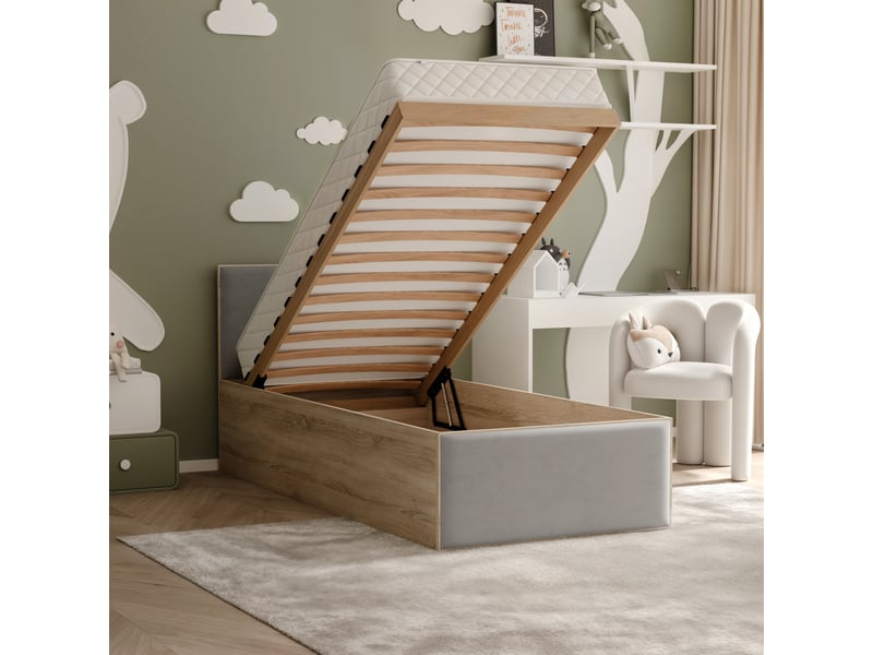 Lit coffre sashi - 90x200 cm - avec matelas - tissu velours - sonoma gris SASHI - Conforama C