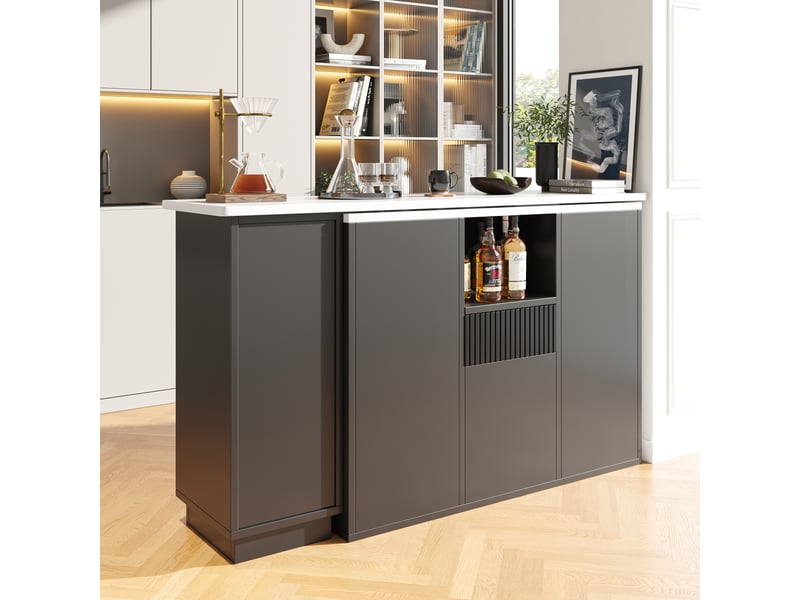  Table de bar pivotante à 360° avec plateau texture marbre, design moderne et épuré noir, îlot de cuisine modulable en l, 210x30x100.9 cm  - Conforama D
