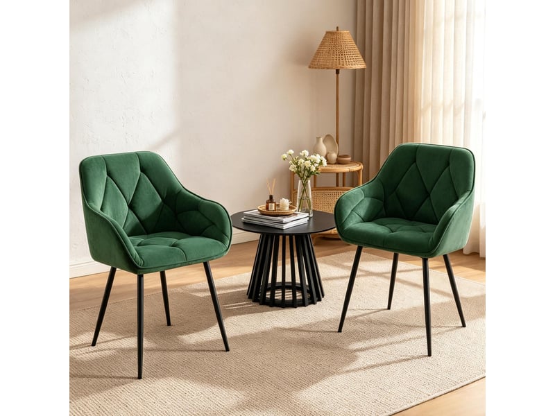  Lot de 2 chaises de salle à manger en velours vert foncé avec accoudoirs en métal  - Conforama B