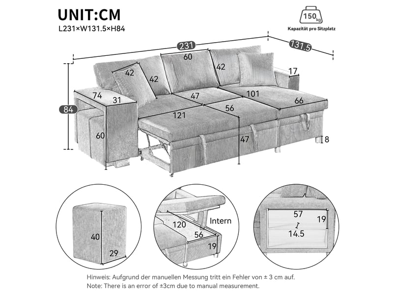 Canapé d’angle convertible 3 places 231x131,5 cm – gris – rangement, usbusb-c et étagère latérale - Conforama C