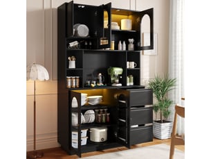 Buffet rangement fermé portes acryliques cintrées compartiments ouverts éclairage led réglable en couleur contrôlé par application