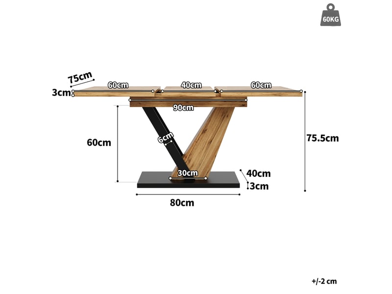  Table à manger extensible 120 à 160x75x75,5 cm, mdf et métal, effet bois  - Conforama E
