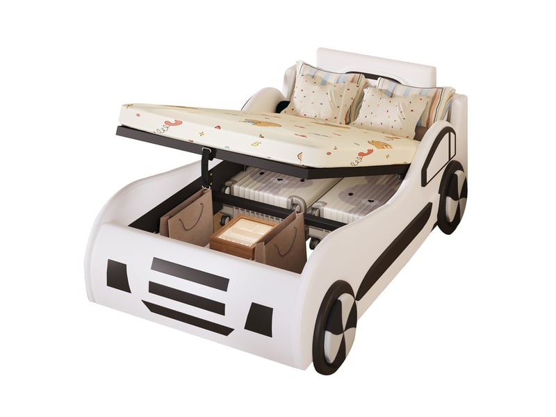  Lit enfant voiture 90x200 cm avec rangement hydraulique, sommier à lattes, mdf et pu  - Conforama A