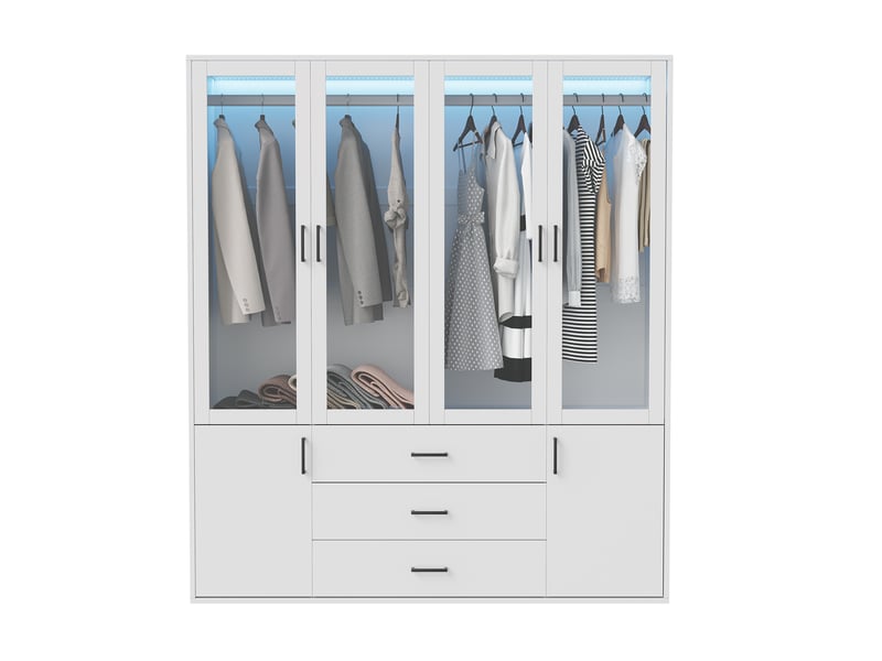  Armoire 4 portes vitrées blanche, éclairage led intégré, 3 tiroirs, grand espace de rangement pour chambre  - Conforama A