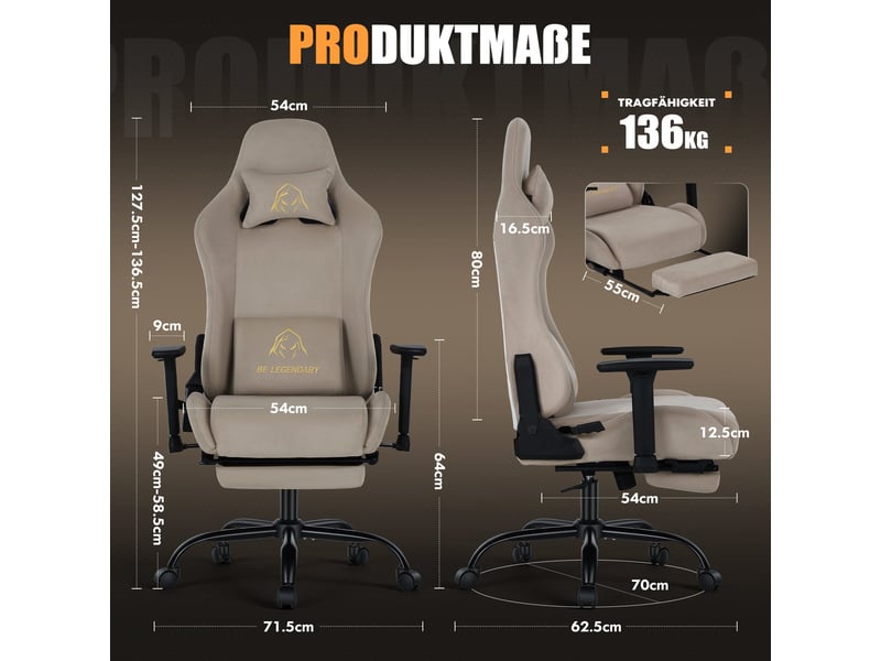  Chaise gaming ergonomique - avec repose-pieds - accoudoirs réglables 4d - dossier inclinable réglable de 90 à 135° - assise à ressorts ensachés - charge maximale 136 kg, marron  - Conforama C