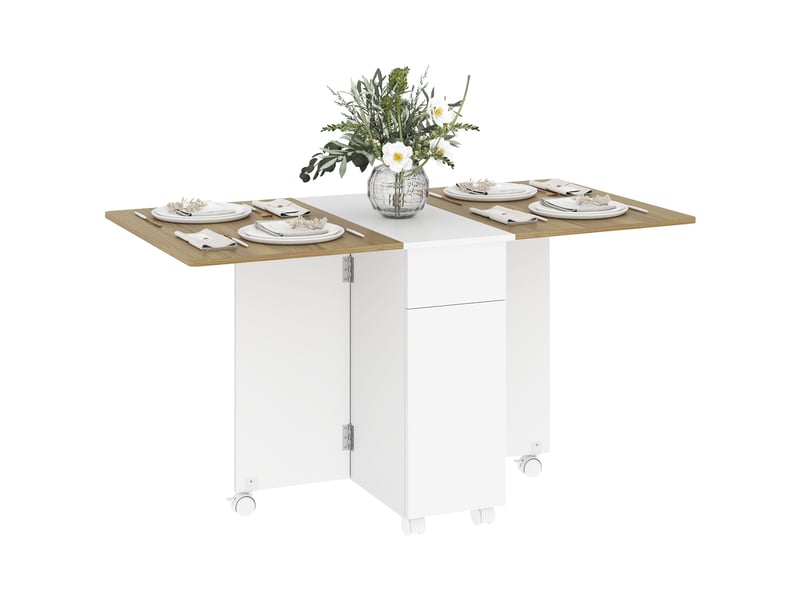  Table à manger pliable pour 6 personnes, table de cuisine sur roulettes avec 2 tiroirs 2 placards, 140x76x74cm, blanc  - Conforama A