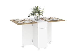Table à manger pliable pour 6 personnes, table de cuisine sur roulettes avec 2 tiroirs 2 placards, 140x76x74cm, blanc