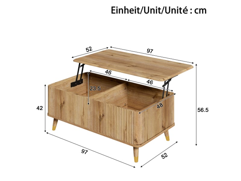 Table basse moderne rétro – plateau réglable, motif ondulé, look bois, pieds bois, grand rangement, table multifonction - Conforama C