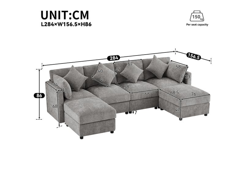 Canapé d'angle 4 places en chenille gris avec 2 poufs et accoudoirs réglables 90 120 180 degrés - Conforama C