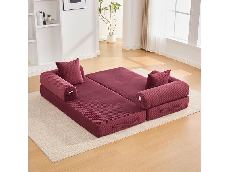  Canapé modulaire avec poche latérale, 3 coussins et forme libre en velours côtelé rouge bordeaux, 200 × 94 × 67 cm  - Conforama C