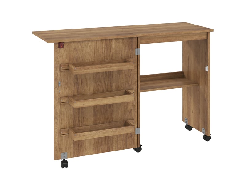  Table de couture pliable sur roulettes - table à rabat - 4 étagères - effet bois chêne moyen  - Conforama A