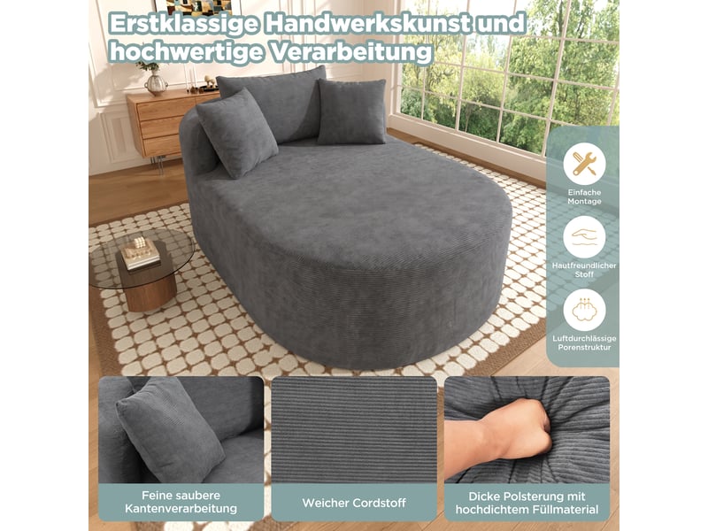Canapé 1 places en velours côtelé gris, assise profonde 122 cm, sans montage, design ovale - Conforama D