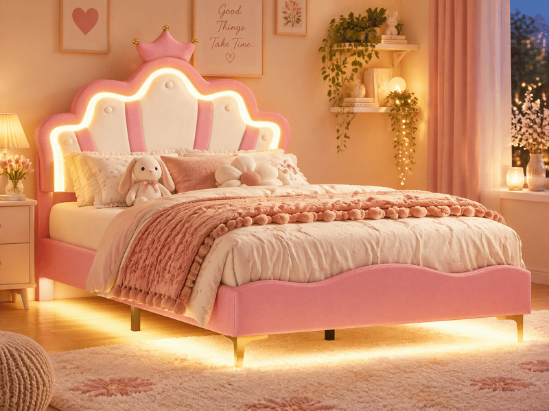 Lit double enfant 140x190 avec led, lit princesse fille avec tête de lits réglable et sommier à lattes, pu rose - Conforama B