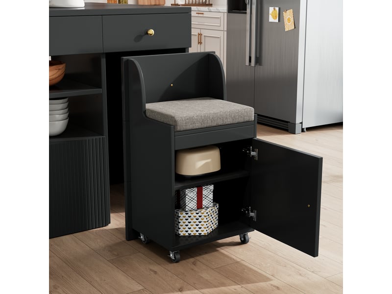  Îlot central avec tabouret et 6 tiroirs de rangement, îlot de cuisine noir en mdf et métal, dimensions 140x40x89 cm pour salle à manger  - Conforama W