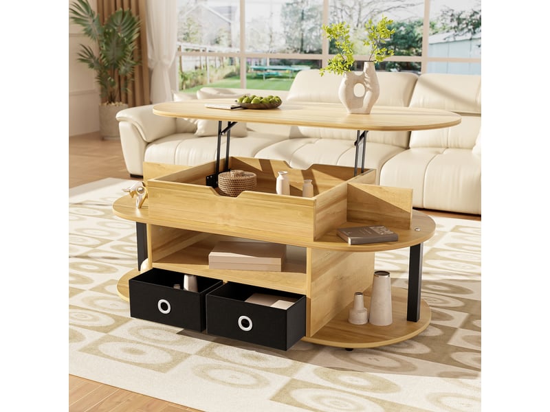 Table basse 105x50x4560 cm, plateau relevable, rangement caché, tiroirs en tissu noir, panneaux de particules, effet bois et noir OMNIGLINT TRADING LTD - Conforama B