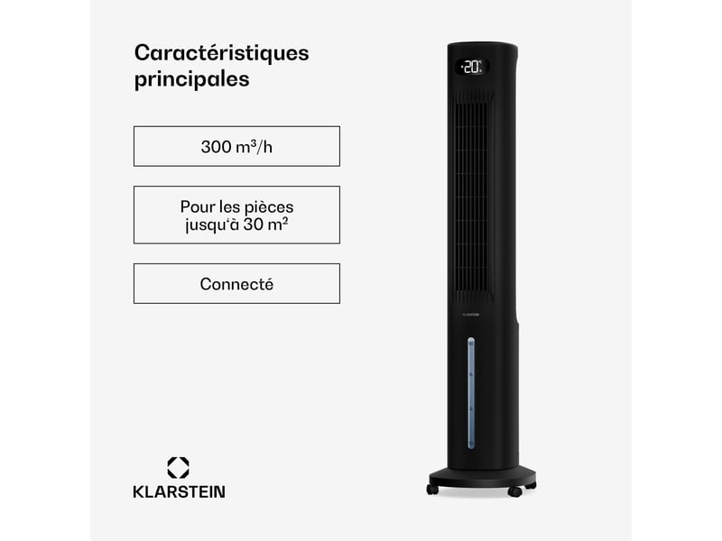 Klarstein polar rafraîchiseur d'air à eau connecté 300 m³h 5l 30 m² 3 modes 75w noir  - Conforama B