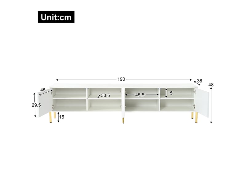  Meuble tv blanc 190 x 38 x 48 cm, pieds dorés, portes à rainures verticales, blanc  - Conforama C