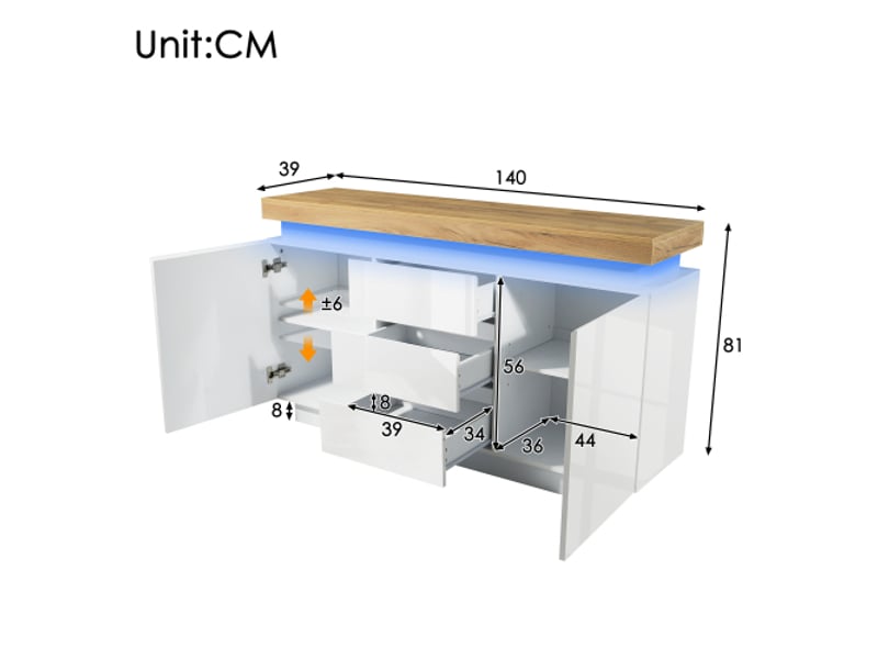 Buffet laqué blanc – 2 portes, 3 tiroirs, led avec contrôle via app – rangement salon et chambre, 81x140x39 cm  - Conforama C