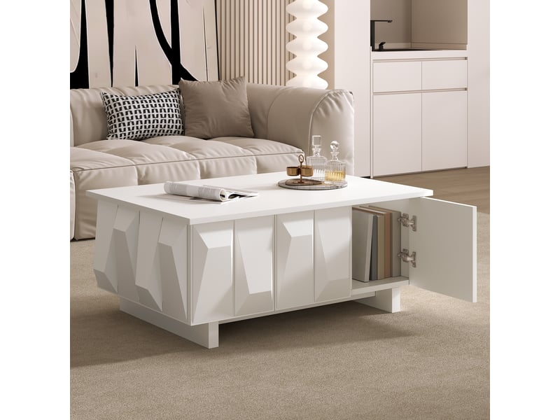 Table basse avec rangement, meuble de salon blanc en bois avec 3 portes, design moderne avec façades 3d pour salon, 95x67x39.5 cm. - Conforama D