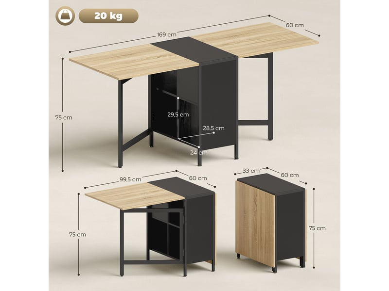  Table de salle à manger pliante à abattants, 4 compartiments, 3 configurations pour cuisinesalon, 169 x 60 x 75 cm, naturelfoncé  - Conforama E