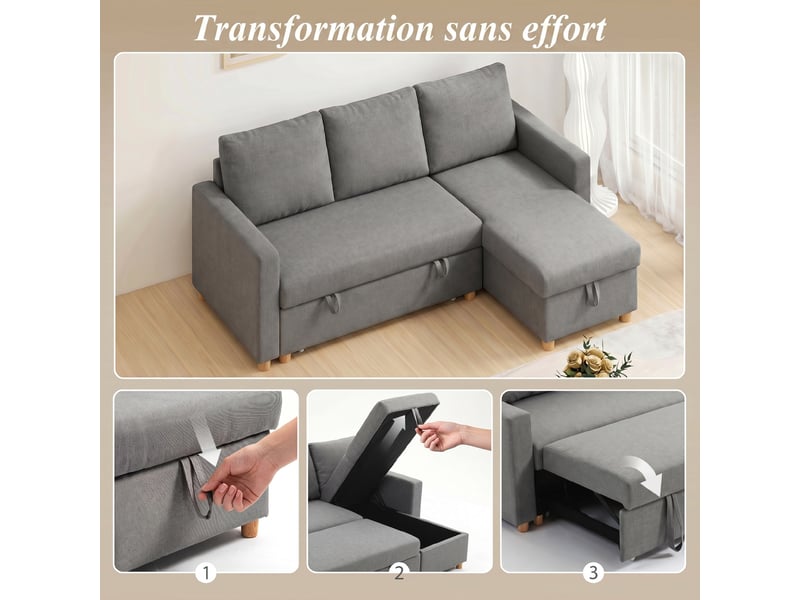  Canapé d'angle convertible canapé lit canapé 3 places modulable avec méridienne réversible, coffre de rangement intégré et 3 coussins de dossier, gris, tissu aspect lin  - Conforama D