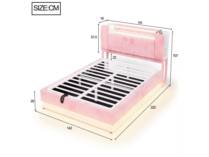  Lit 140x200 cm rose en velours avec led, usb, prises et rangement hydraulique, structure métal, sans matelas  - Conforama C