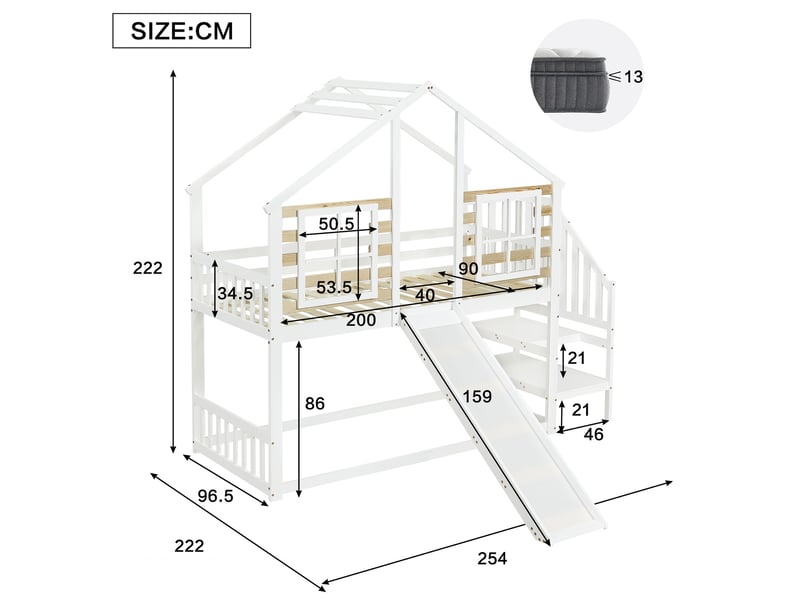  Lit superposé moderne 90x200 cm cabane avec escalier et toboggan, blanc, sans matelas  - Conforama D