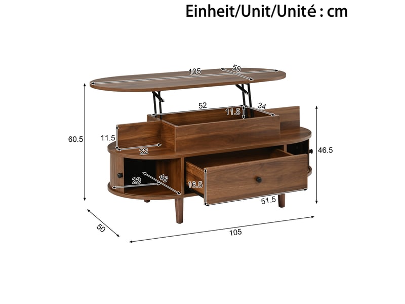  Table basse ovale 105x50x60,5 cm avec plateau relevable hydraulique, rangement caché, mdf, couleur marron  - Conforama C