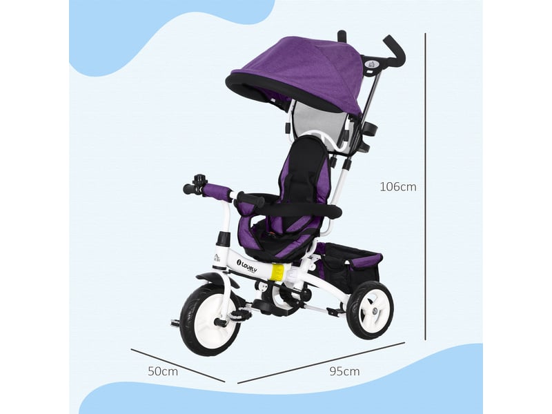 Tricycle évolutif pour enfants de plus de 12 mois avec capote pliable, poignée télescopique et ceinture de sécurité, violet - Conforama C