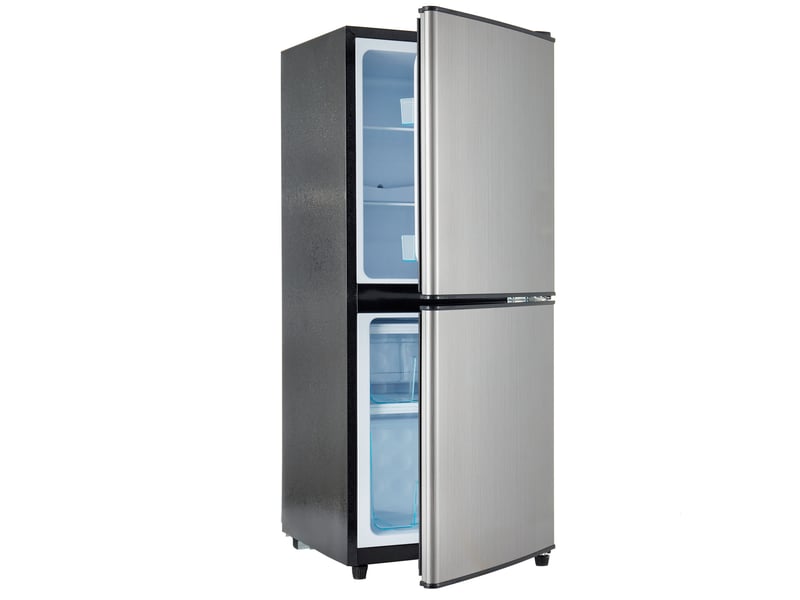  Réfrigérateur combiné 106 l 42,5 x 44,5 x 102 cm noir et argenté, acier inoxydable avec congélateur bas  - Conforama A