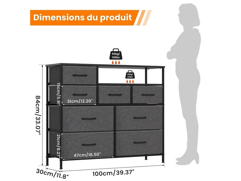  Commode chiffonnier 100x30x84 cm huit tiroirs tissu et niche ouverte gris fonce  - Conforama E