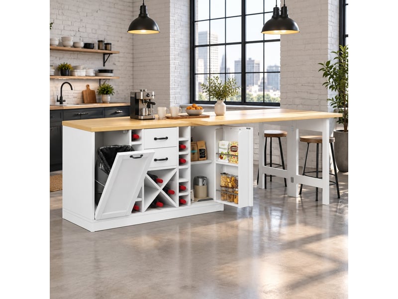 Îlot de cuisine pivotant à 360° avec rangements, 120 à 223 cm, blanc - Conforama B
