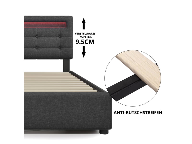  Lit rembourré 140 × 200 cm 2 places avec 4 tiroirs, led réglable, tête de lit ajustable, matelas inclus, gris  - Conforama E
