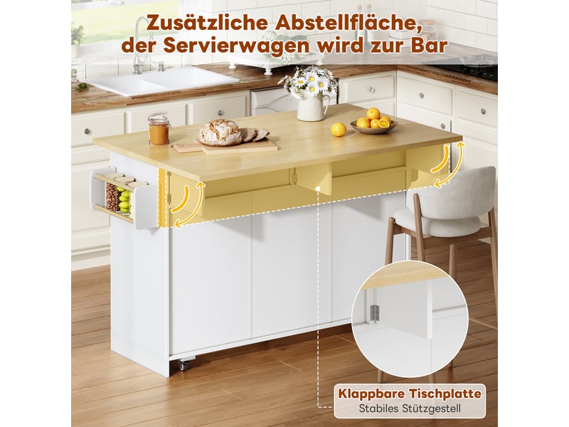  Îlot de cuisine mobile 120 × 4570 × 92 cm en mdf, plateau rabattable, 4 tiroirs, rangements verticaux et roulettes freinées  - Conforama C
