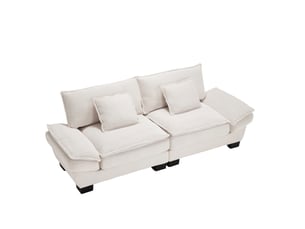 Canapé droit fixe 2 places 224x81x81 cm, canapé moderne en velours beige, assise profonde 56 cm, accoudoirs rembourrés, 2 coussins, structure en bois