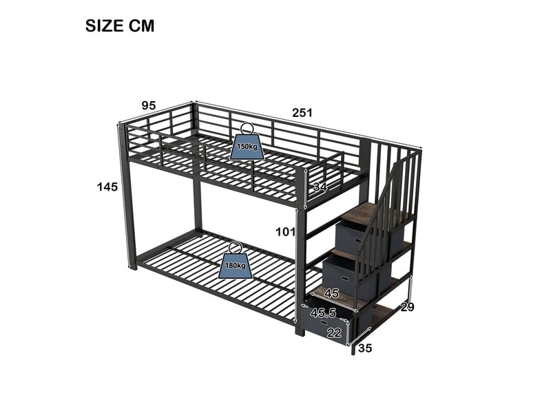  Lit superposé noir mdf et métal 90x200 cm avec bandeau led et station de charge usb  - Conforama C