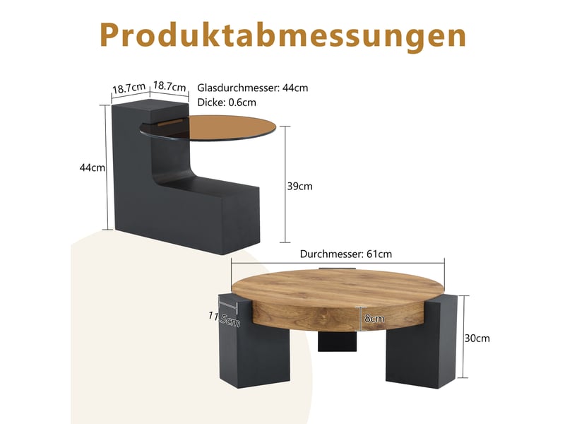  Table basse ronde 61x30 cm et desserte 44x44 cm, 2 niveaux, pieds en l démontables, salon, mdf et verre, noir et bois  - Conforama C