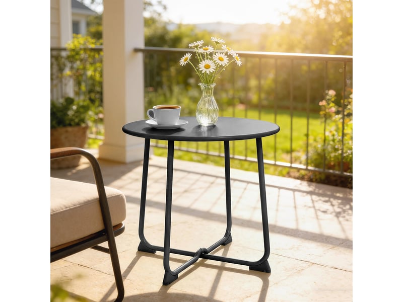 Table basse de jardin ronde de 50 cm de diamètre, en métal, avec piètement en x et pieds antidérapants, noire. - Conforama D