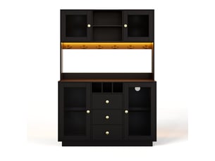 Buffet de cuisine noir haut 120x40x170cm, meuble rangement avec 3 tiroirs et portes acrylique transparentes pour salle à manger moderne