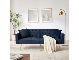 Canapé 2 places en velours bleu, dossier réglable 3 positions avec coussins et pieds métal