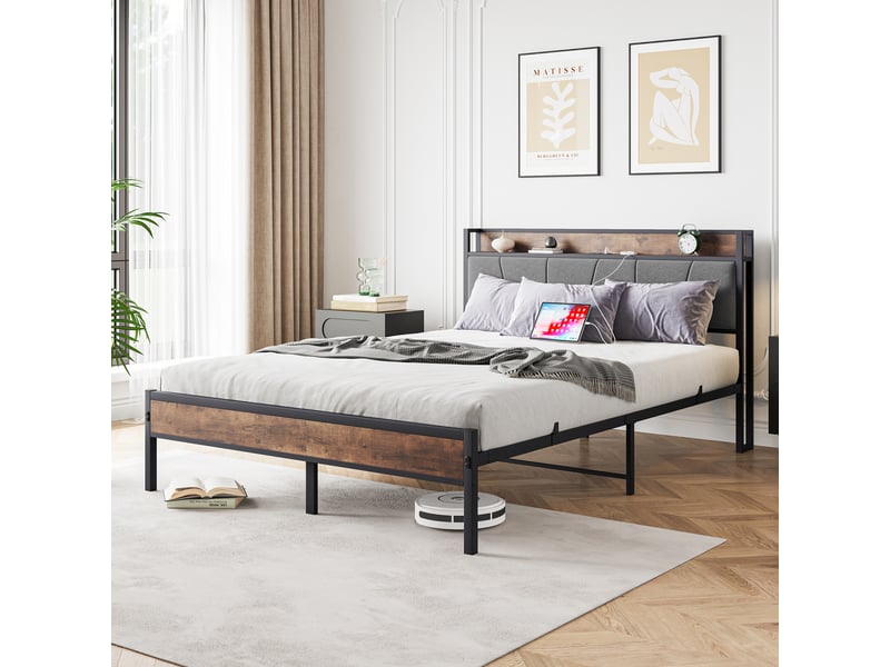  Cadre de lit en mdf et métal antique brown 140x200 cm  - Conforama E