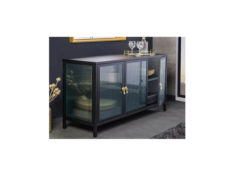  Buffet britton 105 cm en verre trempé et métal – 3 portes vitrées, coloris noir et poignées dorées  - Conforama E