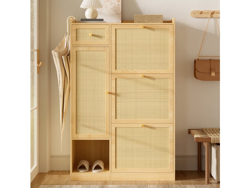  Meuble à chaussures,80,5x25x125 cm,3 abattants, tiroir et porte,mdf,naturel  - Conforama E