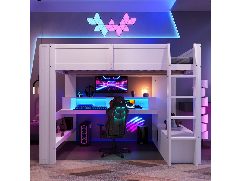  Lit mezzanine 140x200 cm avec bureau, led et rangements, coloris blanc  - Conforama E