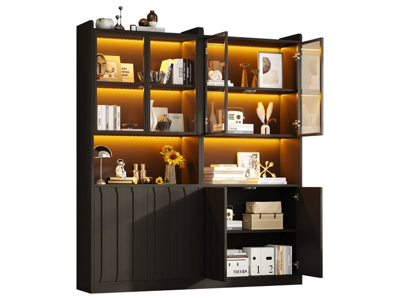  Lot de 2 vitrine noir avec lumière led, vitrine avec portes et tiroirs, étagères de rangement, 160×35×200cm  - Conforama A
