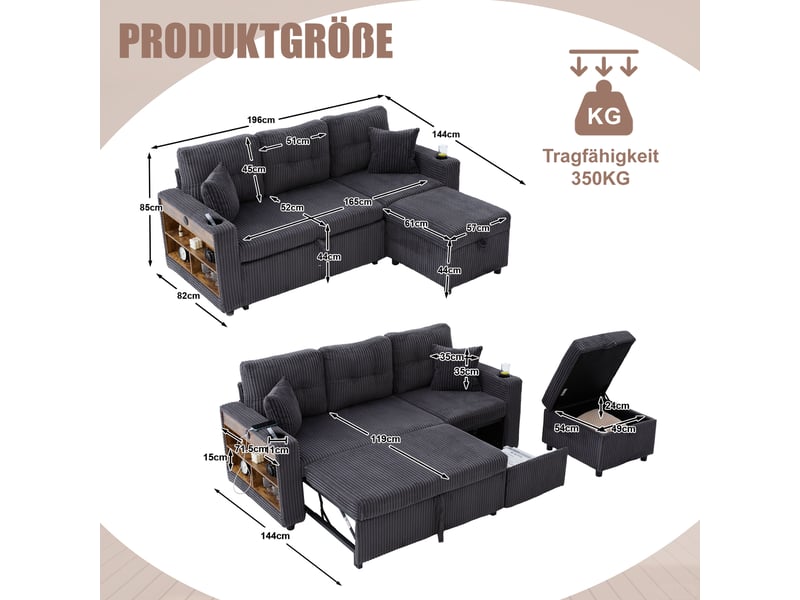 Canapé convertible 196 x 82-144 x 85 cm,coffre de rangement,usb-c, éclairage d’ambiance,porte-gobelets,accoudoirs larges,velours côtelé,gris foncé Bliss Lite - Conforama C